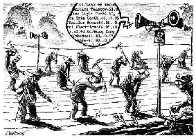 Description de l'image par IA : Dessin humoristique montrant plusieurs personnages utilisant des cornes acoustiques pour communiquer sur une plage.