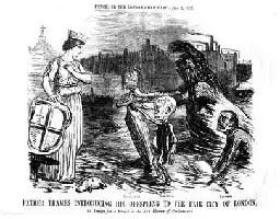 Description de l'image par IA : Femme en robe victorienne tenant un panneau, debout à côté de trois enfants malades, dans une rue de Londres.