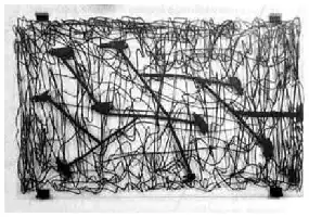 Description de l'image par IA : Dessin complexe avec lignes et formes entrecroisées sur un fond rectangulaire.