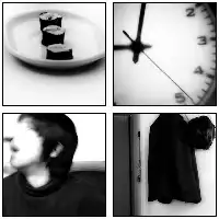 Description de l'image par IA : Assiette avec sushis. Horloge avec aiguilles. Visage flou. Personne en manteau près d'une porte.