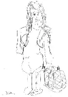 Description de l'image par IA : Dessin d'une personne aux cheveux longs tenant une valise, vêtue d'une robe et d'un manteau.