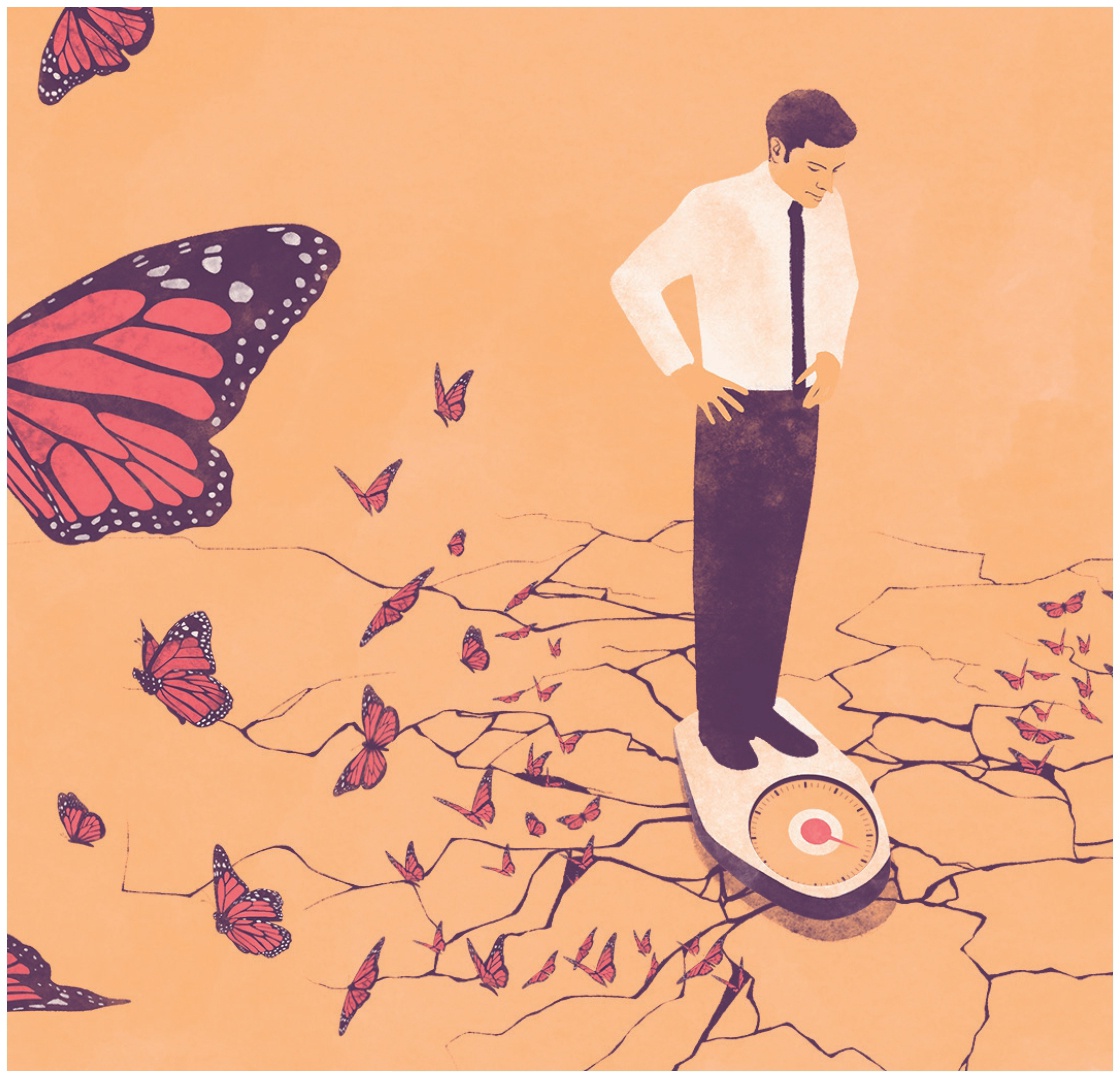 Description de l'image par IA : Homme debout sur une balance, entouré de papillons, fond orange.