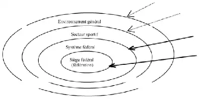 Description de l'image par IA : Cercle concentriques montrant niveaux d'analyse d'une fédération sportive.
