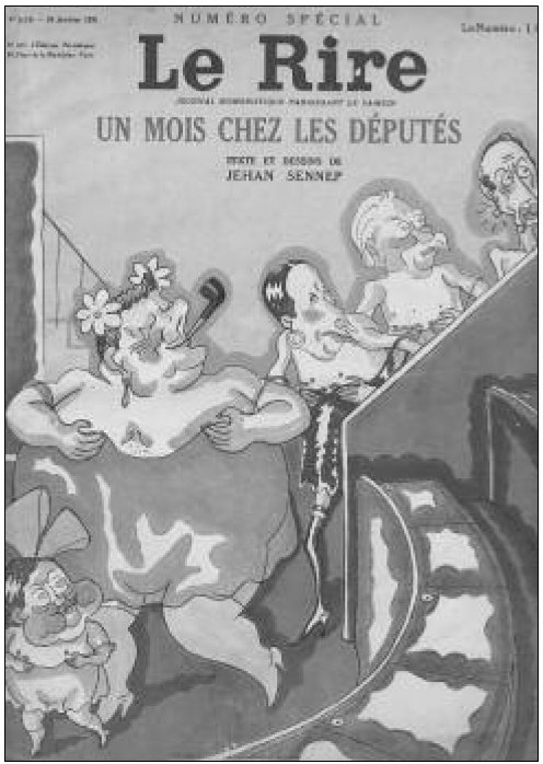 Description de l'image par IA : Illustration en noir et blanc montrant cinq hommes assis en cercle, de gauche à droite : Painlevé, Herriot, Mandel, Marin, Blum.