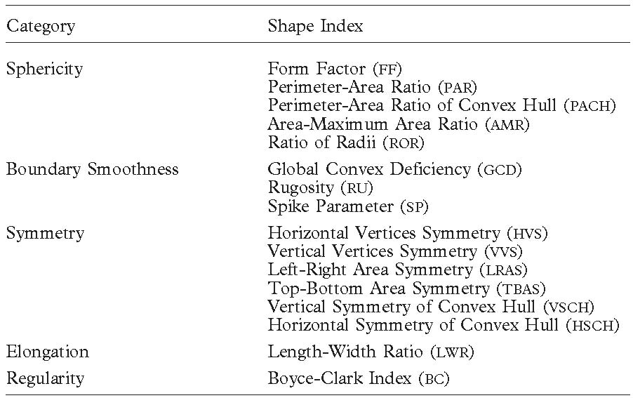 Description de l'image par IA : Table listant cinq catégories d'indices de forme visuelle utilisés dans l'étude actuelle.