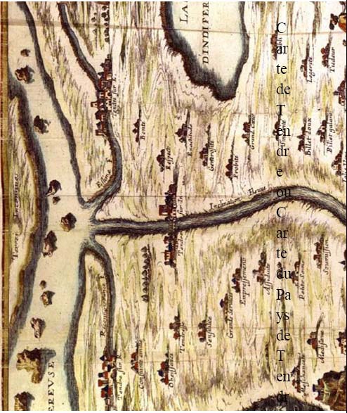 Description de l'image par IA : Carte ancienne avec rivières et villages. Textes en latin et en français. Dessins détaillés des cours d'eau et des localités.