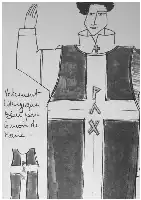 Description de l'image par IA : Prêtre avec croix, levant la main, vêtement liturgique.