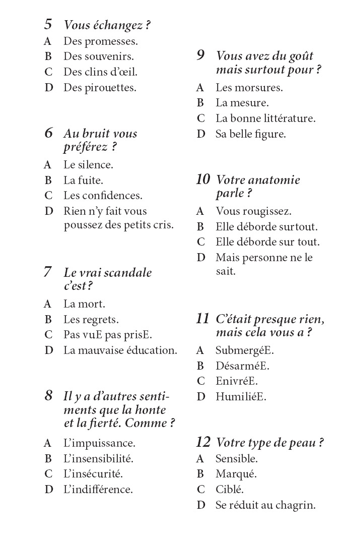 Description de l'image par IA : Liste de questions avec réponses possibles. Format de quiz avec numéros et lettres correspondantes.