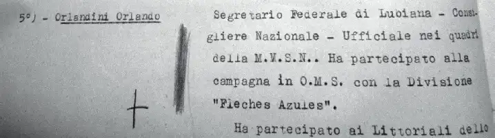 Description de l'image par IA : Texte en italien avec mention de "Segretario Federale di Luoyiana" et "Divisione 'Fleches Azules'".