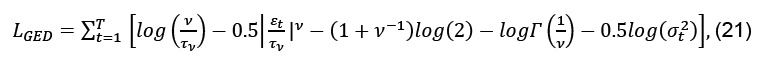 Description de l'image par IA : L majuscule indice G majuscule E majuscule D majuscule position de base égale sommation début souscript t égale 1 début suscript T majuscule fin scripts crochet gauche l o g parenthèse gauche début fraction nû sur tau indice nû position de base fin fraction parenthèse droite moins 0 point 5 début valeur absolue début fraction epsilon indice t position de base sur tau indice nû position de base fin fraction fin valeur absolue exposant nû position de base moins parenthèse gauche 1 nû exposant négatif 1 position de base parenthèse droite l o g parenthèse gauche 2 parenthèse droite moins l o g Gamma majuscule en normal parenthèse gauche début fraction 1 sur nû fin fraction parenthèse droite moins 0 point 5 l o g parenthèse gauche sigma indice t exposant 2 position de base parenthèse droite crochet droit virgule parenthèse gauche 2 1 parenthèse droite