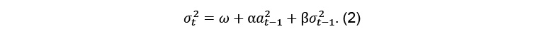 Description de l'image par IA : sigma indice t exposant 2 position de base égale oméga alpha a indice t moins 1 exposant 2 position de base bêta sigma indice t moins 1 exposant 2 position de base point parenthèse gauche 2 parenthèse droite