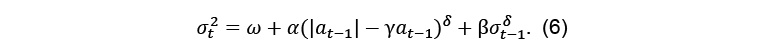 Description de l'image par IA : sigma indice t exposant 2 position de base égale oméga alpha parenthèse gauche début valeur absolue a indice t moins 1 position de base fin valeur absolue moins gamma a indice t moins 1 position de base parenthèse droite exposant delta position de base bêta sigma indice t moins 1 exposant delta position de base point parenthèse gauche 6 parenthèse droite