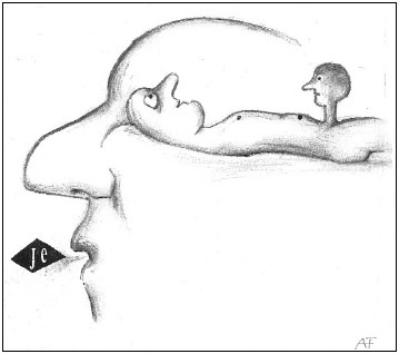 Description de l'image par IA : Dessiné en noir et blanc, un homme allongé sur le côté, tête reposant sur une main, avec une vue partielle de son corps.