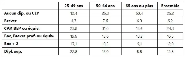 Description de l'image par IA : Tableau montrant la répartition en % selon le niveau de diplôme et l’âge en 2014.